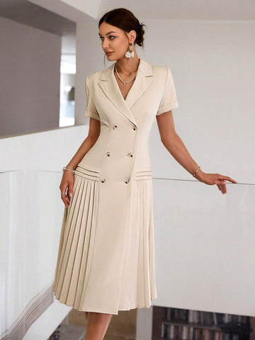 Sollinarry Women Simple Solid Color Pleated Hem Midi Dress