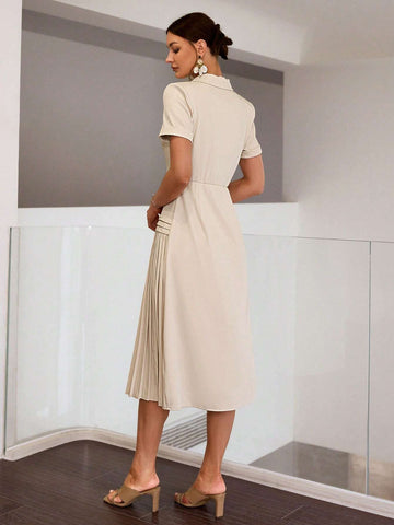 Sollinarry Women Simple Solid Color Pleated Hem Midi Dress