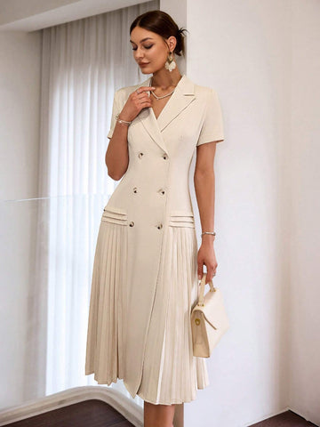 Sollinarry Women Simple Solid Color Pleated Hem Midi Dress