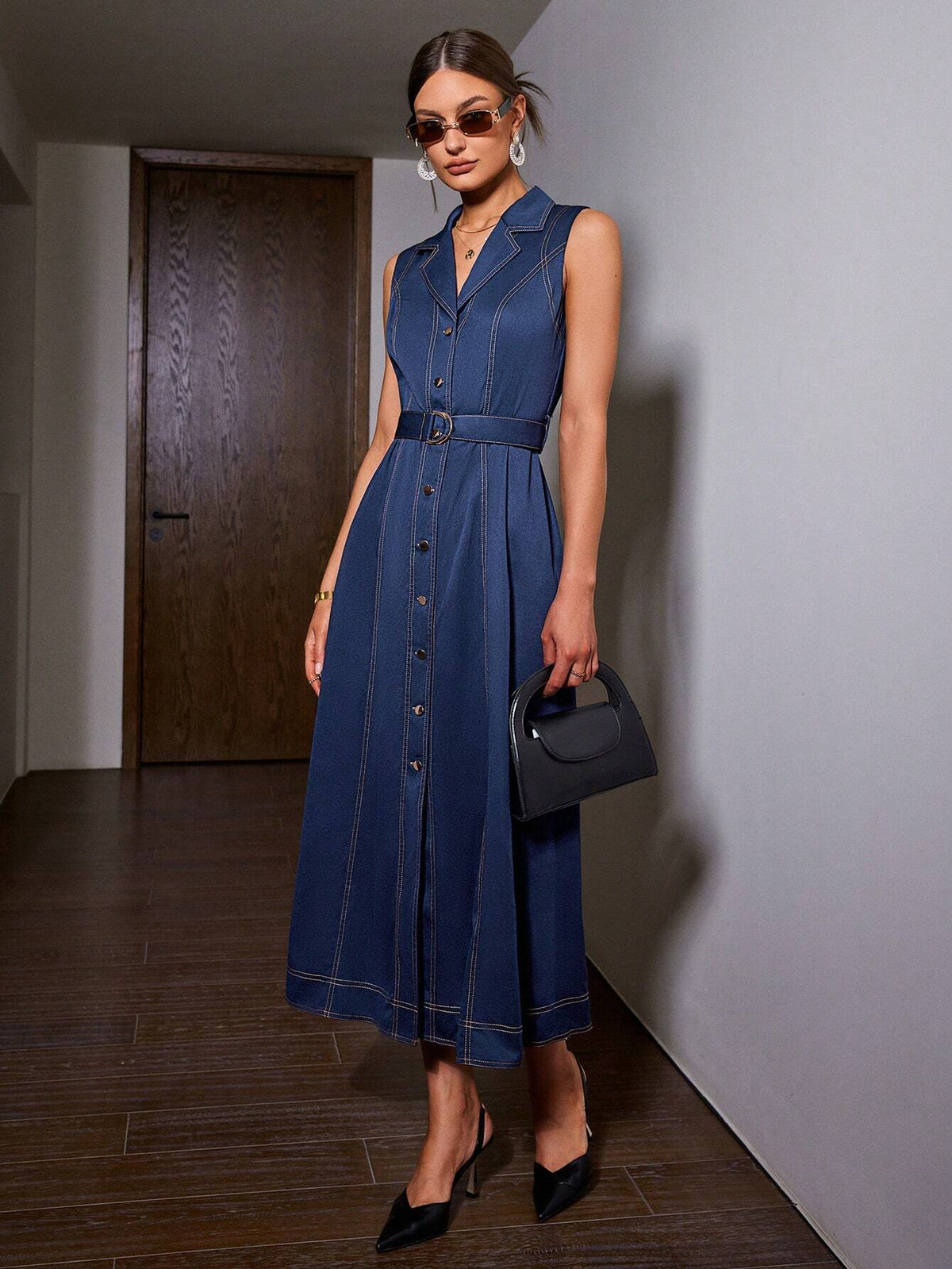 Sollinarry Women Solid Color Sleeveless Denim Dress With Front Button Closure