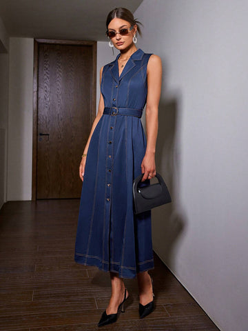 Sollinarry Women Solid Color Sleeveless Denim Dress With Front Button Closure