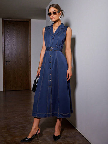 Sollinarry Women Solid Color Sleeveless Denim Dress With Front Button Closure