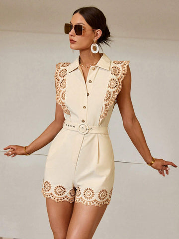 Sollinarry Women's Short Burn-Out Flower Embroidery Batwing Sleeve Romper