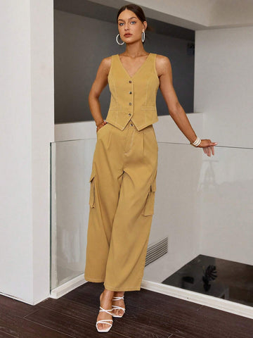 Sollinarry Women's Single-Breasted Vest And 3d Pocket Pants Two Pieces Set