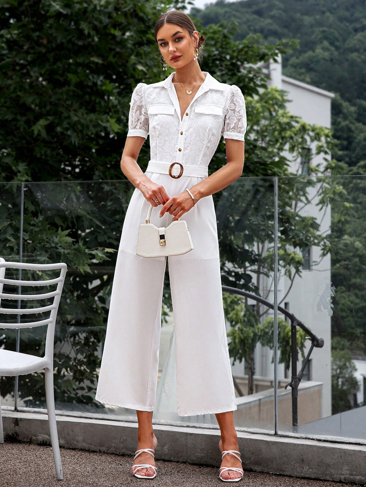 Sollinarry Women's Solid Color Lace Splicing Jumpsuit