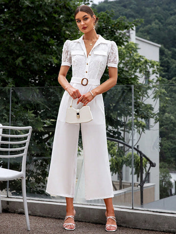 Sollinarry Women's Solid Color Lace Splicing Jumpsuit