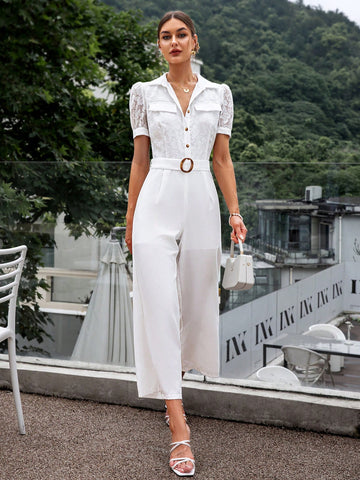 Sollinarry Women's Solid Color Lace Splicing Jumpsuit