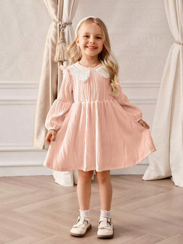 Souflis Girls Preppy Style Cute Peter Pan Collar Lantern Sleeve Knitted Waisted Jacquard Fabric Solid Color Dress, Autumn/Winter