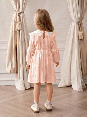Souflis Girls Preppy Style Cute Peter Pan Collar Lantern Sleeve Knitted Waisted Jacquard Fabric Solid Color Dress, Autumn/Winter