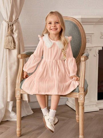Souflis Girls Preppy Style Cute Peter Pan Collar Lantern Sleeve Knitted Waisted Jacquard Fabric Solid Color Dress, Autumn/Winter