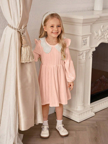 Souflis Girls Preppy Style Cute Peter Pan Collar Lantern Sleeve Knitted Waisted Jacquard Fabric Solid Color Dress, Autumn/Winter