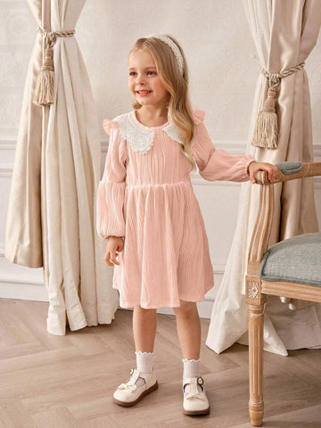 Souflis Girls Preppy Style Cute Peter Pan Collar Lantern Sleeve Knitted Waisted Jacquard Fabric Solid Color Dress, Autumn/Winter