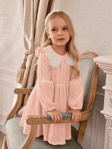 Souflis Girls Preppy Style Cute Peter Pan Collar Lantern Sleeve Knitted Waisted Jacquard Fabric Solid Color Dress, Autumn/Winter