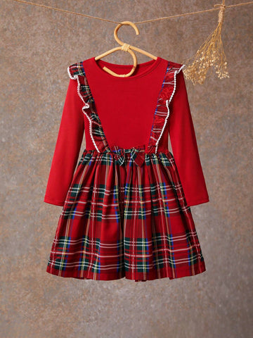 Souflis Girls' Round Neck Long Sleeve Pleated Floral Trim Solid Color Patchwork Dress