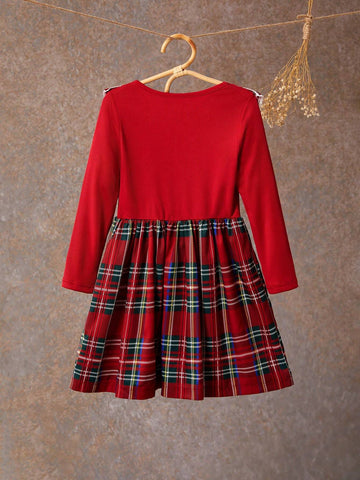 Souflis Girls' Round Neck Long Sleeve Pleated Floral Trim Solid Color Patchwork Dress