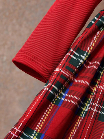 Souflis Girls' Round Neck Long Sleeve Pleated Floral Trim Solid Color Patchwork Dress