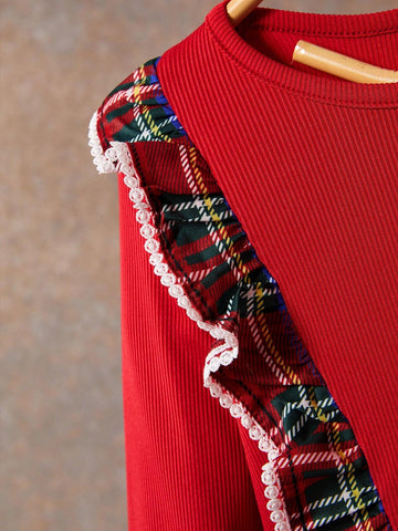 Souflis Girls' Round Neck Long Sleeve Pleated Floral Trim Solid Color Patchwork Dress