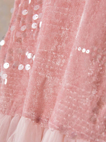 Girls Sleeveless Sequin Decorated Mesh Princess Dress