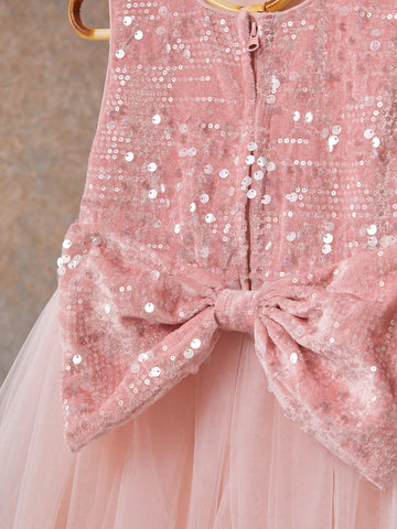 Girls Sleeveless Sequin Decorated Mesh Princess Dress