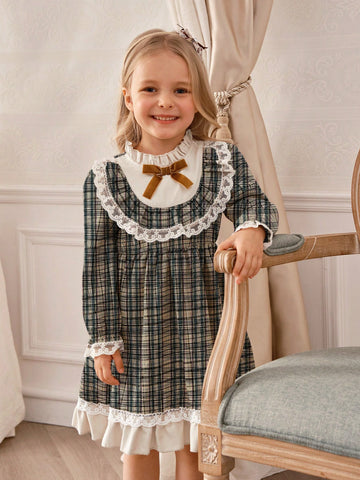Young Girl Retro Elegant Plaid Ruffled Collar Puff Sleeve Long Sleeve Dress With White Lace Trim And Velvet Bow, Cute