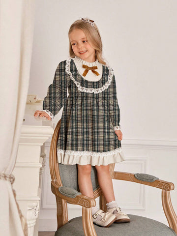 Young Girl Retro Elegant Plaid Ruffled Collar Puff Sleeve Long Sleeve Dress With White Lace Trim And Velvet Bow, Cute