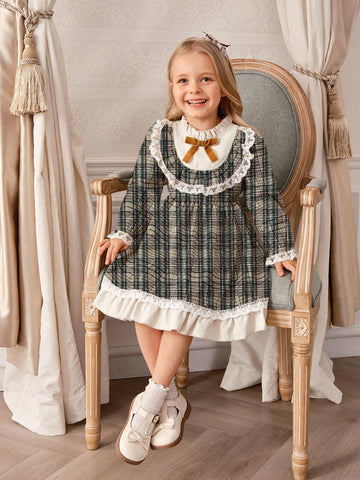 Young Girl Retro Elegant Plaid Ruffled Collar Puff Sleeve Long Sleeve Dress With White Lace Trim And Velvet Bow, Cute