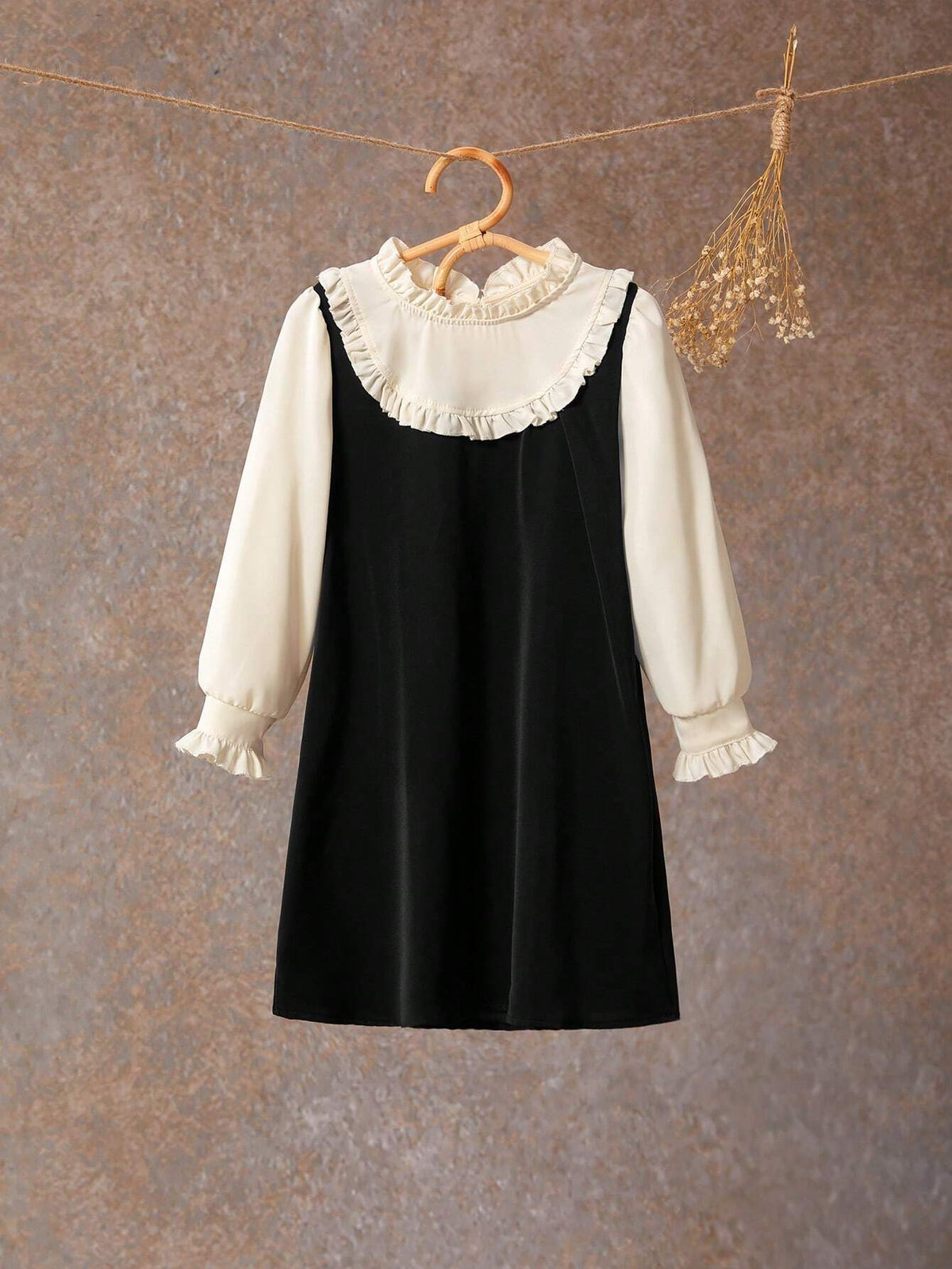 Young Girl Ruffle Trim Solid Color Splice Casual Vacation Long Sleeve Dress