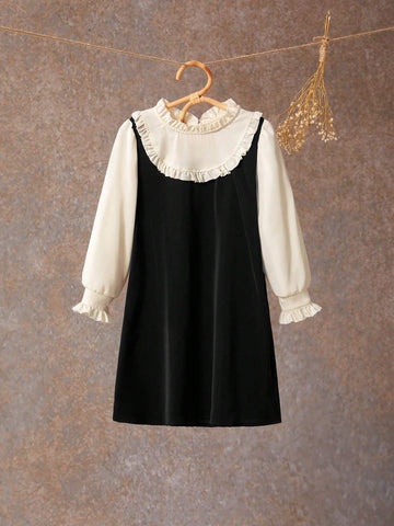 Young Girl Ruffle Trim Solid Color Splice Casual Vacation Long Sleeve Dress