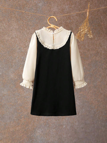 Young Girl Ruffle Trim Solid Color Splice Casual Vacation Long Sleeve Dress