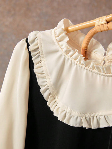 Young Girl Ruffle Trim Solid Color Splice Casual Vacation Long Sleeve Dress