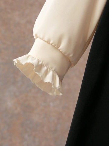 Young Girl Ruffle Trim Solid Color Splice Casual Vacation Long Sleeve Dress