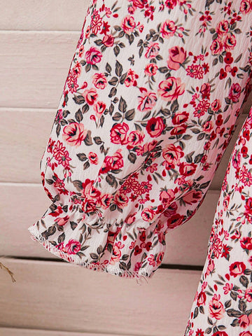 Souflis Young Girl Vintage Ditsy Floral Long Sleeve Frill Collar Ruched Hem Loose Dress, Fashionable And Cute, Spring Autumn 2024