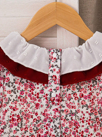 Souflis Young Girl Vintage Ditsy Floral Long Sleeve Frill Collar Ruched Hem Loose Dress, Fashionable And Cute, Spring Autumn 2024