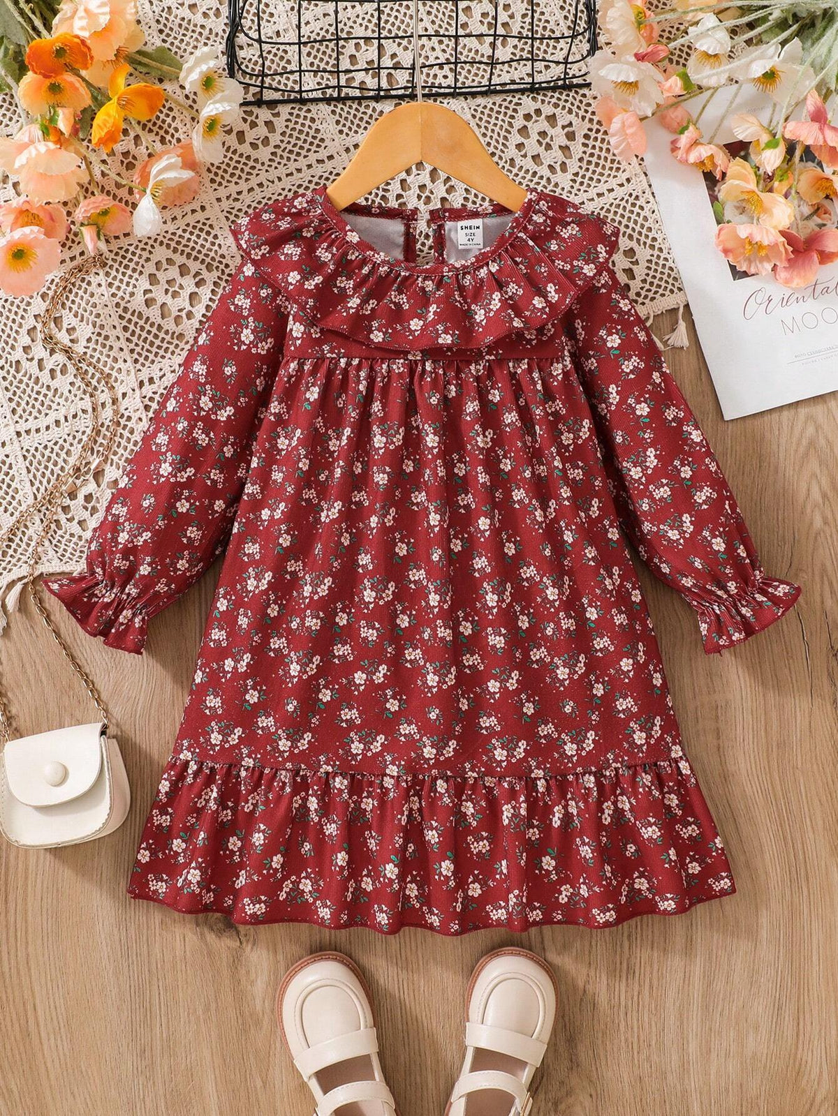 Young Girls' Casual Long Sleeve Ditsy Floral Dress, Autumn Season