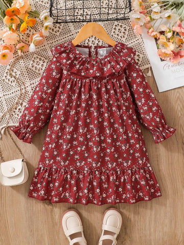 Young Girls' Casual Long Sleeve Ditsy Floral Dress, Autumn Season