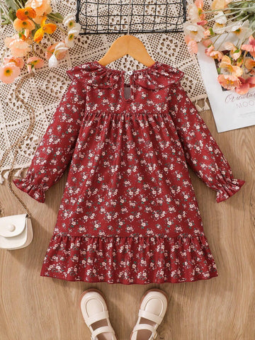 Young Girls' Casual Long Sleeve Ditsy Floral Dress, Autumn Season