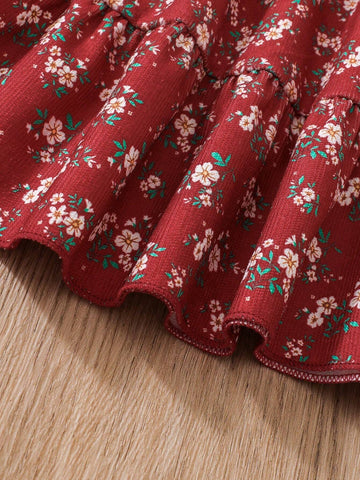 Young Girls' Casual Long Sleeve Ditsy Floral Dress, Autumn Season