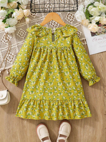 Young Girls Green Ditsy Floral Long Sleeve Dress