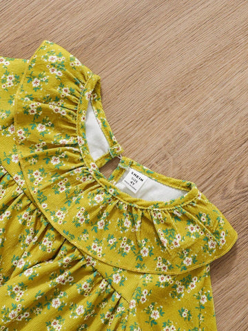 Young Girls Green Ditsy Floral Long Sleeve Dress