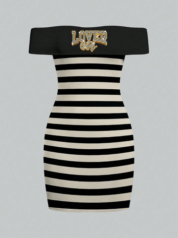 Women's Striped Bodycon Off Shoulder Party Dress, Sexy Mini Dress For Gathering, Evening
