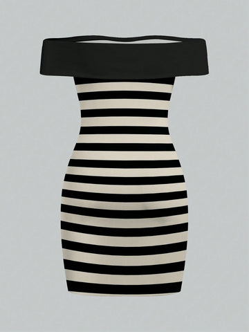 Women's Striped Bodycon Off Shoulder Party Dress, Sexy Mini Dress For Gathering, Evening