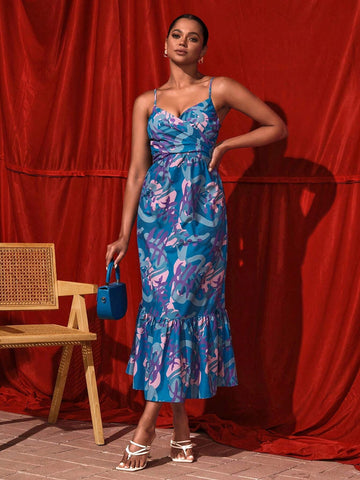Spaced Out Women's Pleated Cami Strap V-Neck Plant Print Maxi Dress