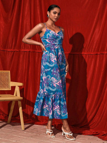 Spaced Out Women's Pleated Cami Strap V-Neck Plant Print Maxi Dress