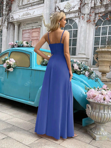 Solid Color Draped Neck Long Elegant Bridesmaid Dress