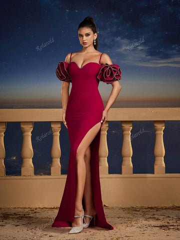 Spaghetti Strap Elegant Burgundy Petal Sleeve Short-Train Bridesmaid Dress, Party