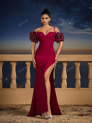 Spaghetti Strap Elegant Burgundy Petal Sleeve Short-Train Bridesmaid Dress, Party
