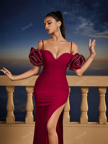 Spaghetti Strap Elegant Burgundy Petal Sleeve Short-Train Bridesmaid Dress, Party