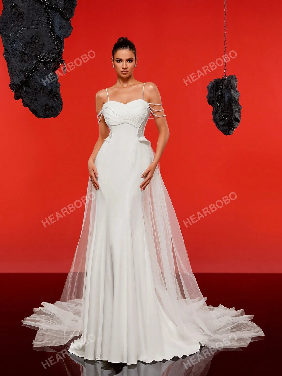 Spaghetti Strap Faux Pearl Minimalist Chiffon Mermaid Wedding Dress For Bride