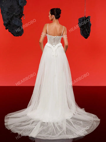 Spaghetti Strap Faux Pearl Minimalist Chiffon Mermaid Wedding Dress For Bride