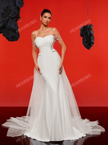 Spaghetti Strap Faux Pearl Minimalist Chiffon Mermaid Wedding Dress For Bride